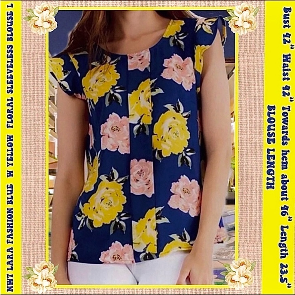 BEAUTIFUL L NWT BLOUSE BLUE /YELLOW FLORAL SLEEVELESS LIGHTWEIGHT